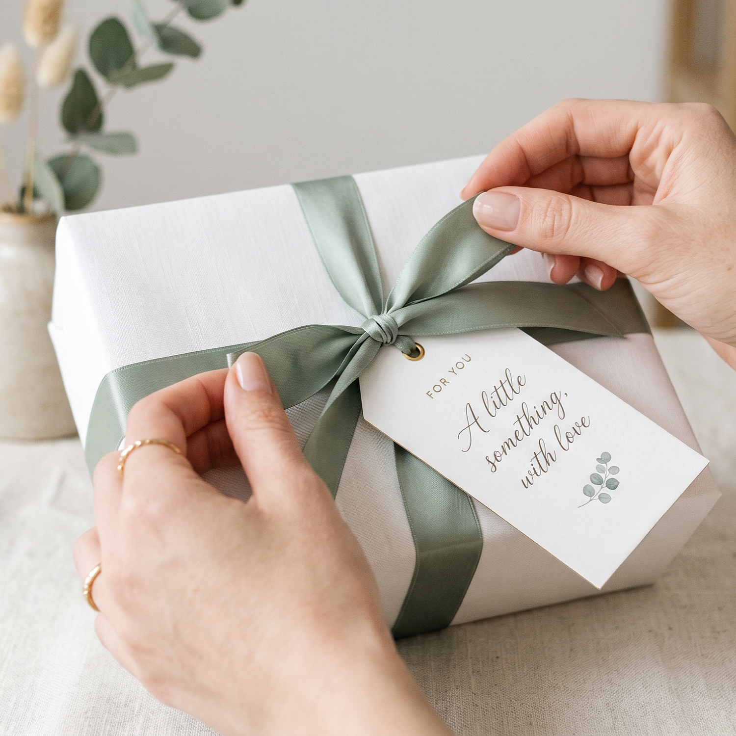 Person tying a green ribbon on a gift box with a tag, set against a neutral background.